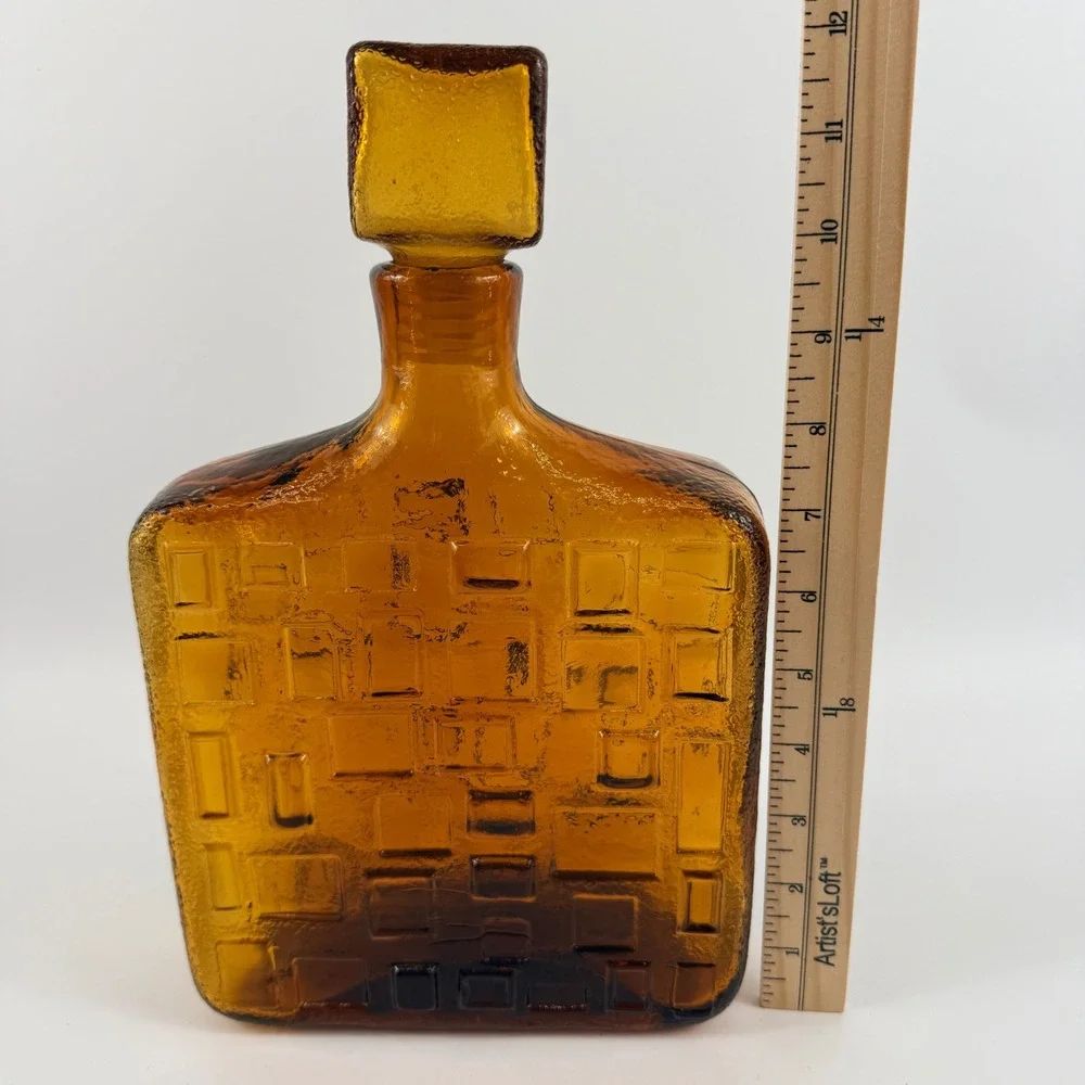 Empoli Brutalist Amber Art Glass Decanter Geometric Bottle Italy MCM